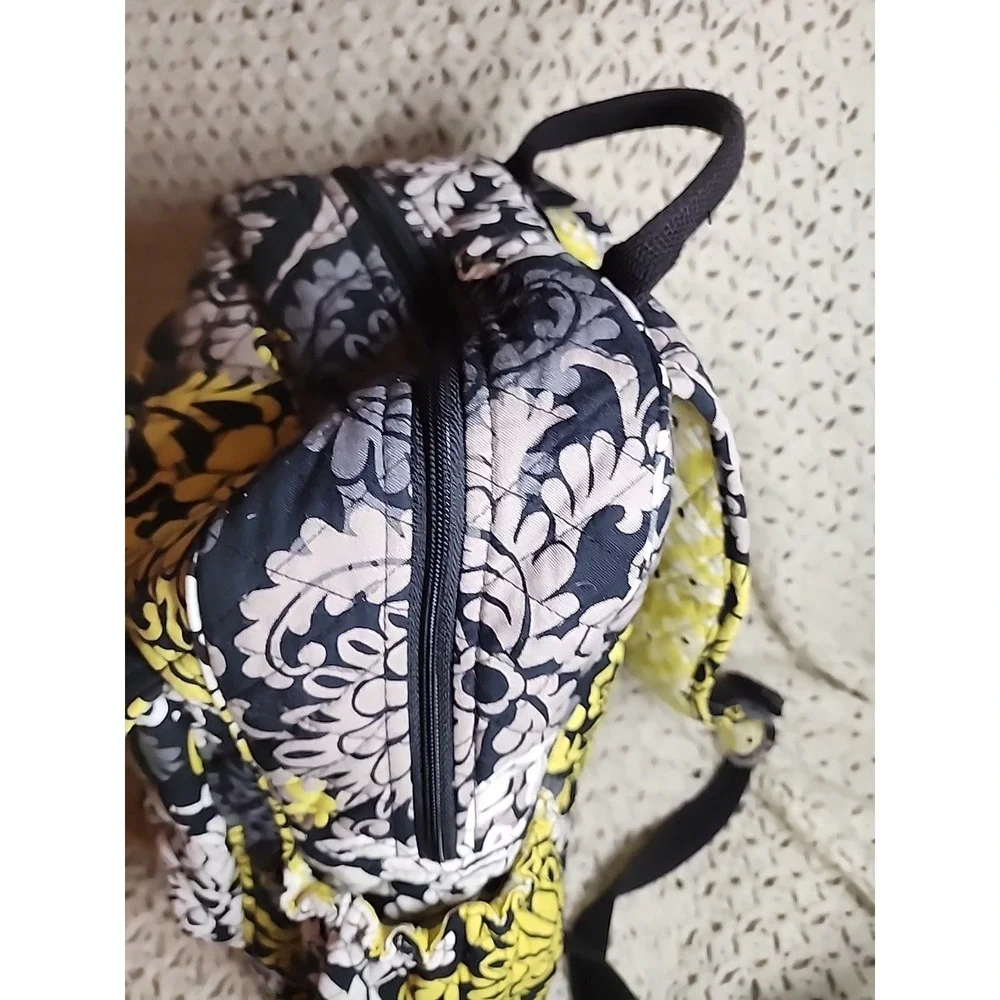Vera Bradley Backpack Bag Baroque Yellow Black Floral Quilted Pockets Top Handle